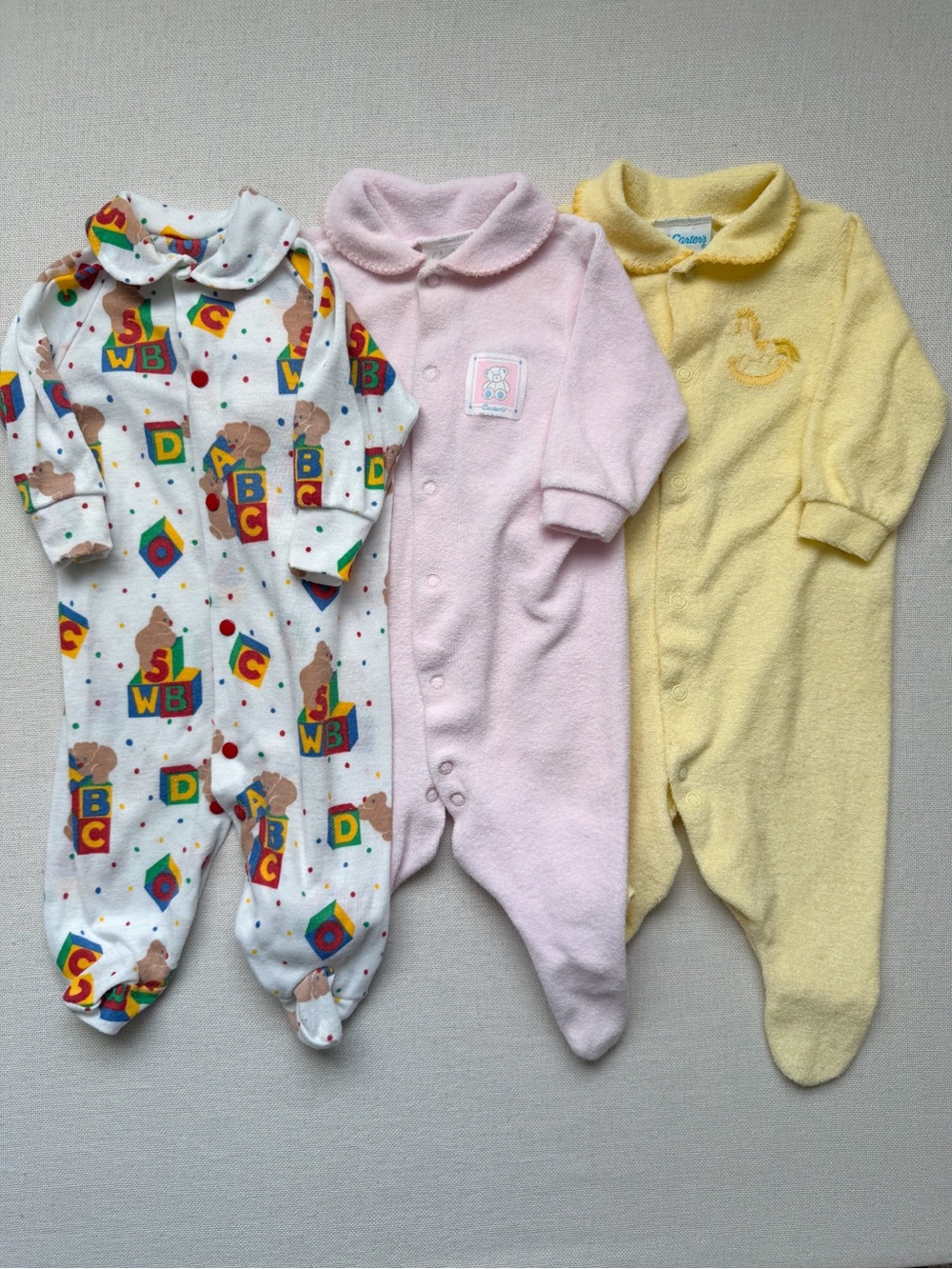 Vintage Baby Footie Pajama 3 Piece Bundle Terrycloth Alphabet Print 0-3M